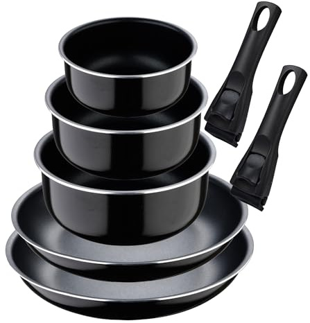 Set de 2 Sartenes Ø24Ø28cm con Mango extraíble + 3 Cazos Ø16Ø18Ø20cm con Mango extraible - en Aluminio prensado color Negro Click&Cook Bergner