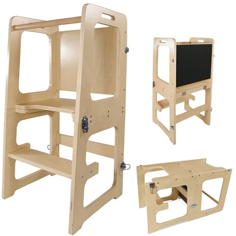 Lemodo Torre di apprendimento 3 in 1 in legno di betulla naturale – Torre di apprendimento Montessori con lavagna, trasformabile in tavolo e sedia, utensile da cucina per bambini da 1 a 5 anni