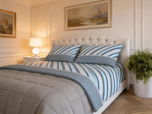 Set Lenzuola Completo Matrimoniale Sophie, Effetto Percalle, Cotone 100% Italiano, Mano Setato (Cross blu)