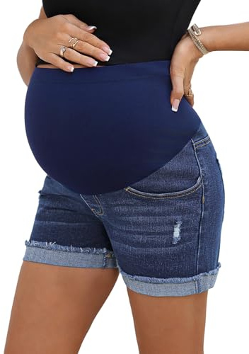 BLENCOT Pregnancy Shorts Summer Stretch Over Belly Maternity Jean Pants L