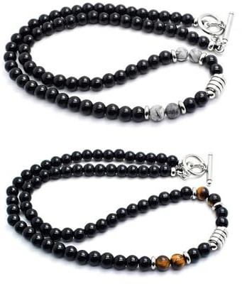 IBXWMNG Lot de 2 Collier Homme Femme en Obsidienne avec Perles Œil de Tigre et Jaspe, Collier en Agate en Pierre Naturelle