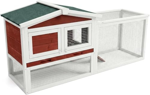 GarveeHome Hasenstall Kaninchenstall Mit Freilaufgehege Und Erhöhtem Unterschlupf Aus Holz, Kaninchenkäfig Mit 2 Etagen, Kleintierstall Mit Rampe