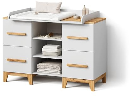 Livinity Wickelkommode Mailo Weiß/Artisan | XL mit 4 Schubladenzur strukturierten Speicherung von Spielen und Wissen