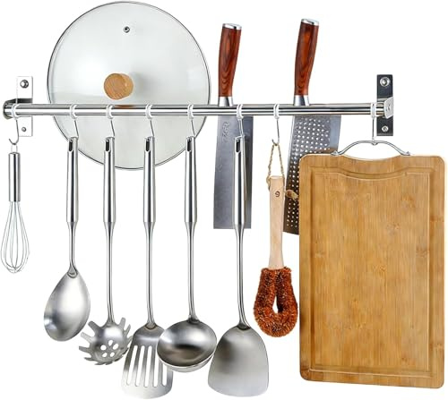 Hittriu 40cm Stainless Steel Kitchen Utensil Rack with 8 Hooks, Self-Adhesive or Drilling Wall Mounted Kitchen Utensil Rail, Silver Pan Hanger for Bathroom Bedroom Living Room