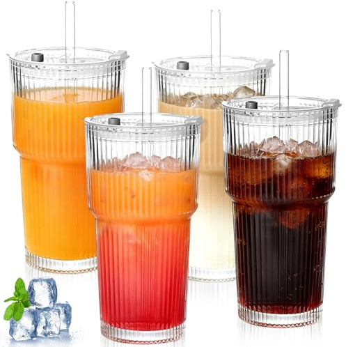 4 Pezzi Bicchieri in Vetro a Coste da 600 ml con Coperchio e Cannuccia, Bicchiere da Acqua Design a Prova di Perdite, Tazza da Caffè Freddo Trasparente per Succhi, Soda, Cocktail, Birra, Tè, Smoothie