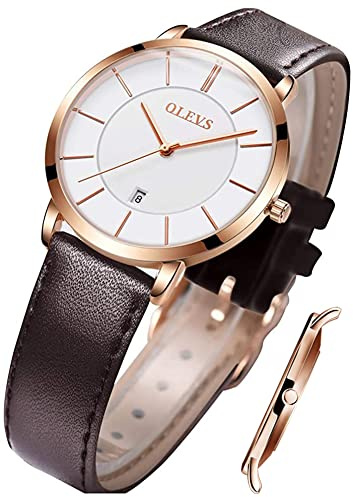 OLEVS Quarz Damen Uhr Elegante Armbanduhr Lederarmband Wasserdicht 30M Datumsanzeige Leuchtende Frauen Uhr Geschenke zum Muttertag