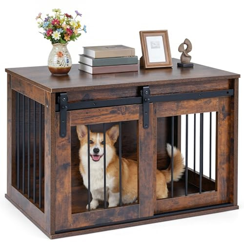 COSTWAY Gabbia per Cani per Cani di Taglia Piccola e Media, Marrone | Gabbia per Animali con Ampio Piano Superiore, Porta Scorrevole e Struttura in Metallo, Casetta in Legno 80 x 54 x 57 cm