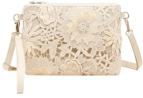 BSITSSS Sac a Main Femme, Fleurs Ajourées 3D Sac Bandoulière Femme, Blanc Cuir Pochette Femmes avec Germeture à Glissière et Réglables Bandoulière pour Téléphone Parti Mariage Plage Vacances