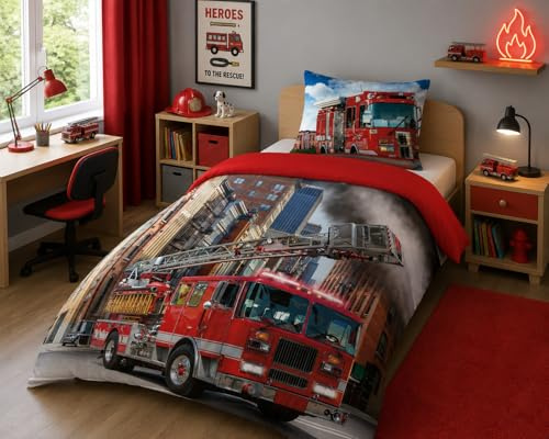texpot Bettwäsche 140x200 Baumwolle Bedruckt 2-teilig Wendebettwäsche Reißverschluss (Feuerwehr)