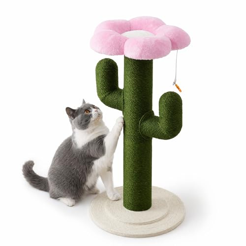 CareCooo Rascador para gatos de cactus, 90 cm, moderno tronco rascador para gatos de sisal con plataforma de flores y protección antivuelco, columna de rascador verde para apartamentos pequeños