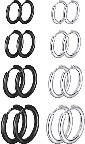 8 Pares de Pendientes de Aro de Cartílago Pendientes de Aro Pequeños de Acero Inoxidable Anillos de Labio Nariz para Mujeres Hombres (8 mm, 10 mm, 12 mm, 14 mm, Color Acero, Negro)