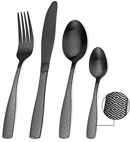 Matte Black Cutlery Set, Bettlife 16-Piece Tableware Set Stainless Steel Flatware Silverware Set with Knife and Fork Set, Service for 4, Unique Pattern Design, Dishwasher Safe (Black Diamond, 16P)