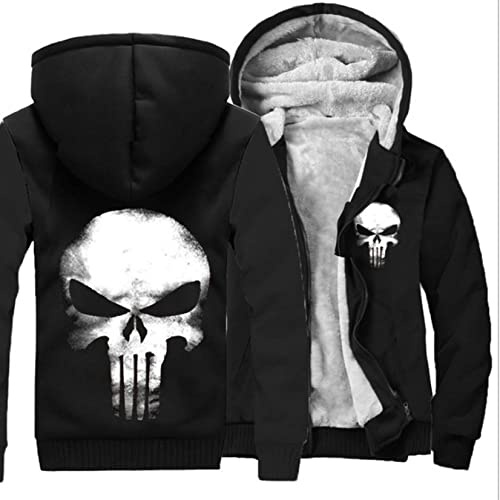 Pull Homme Punisher Sweat à capuche Polaire thermique doublé Vestes d’hiver Pull d’entraînement d’hiver Sweat à capuche Full Zip Laine Manteaux épais chauds Vêtements d’extérieur,Black-Aldult M