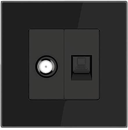 PULSAR Sat Dose Unterputz und CAT5E Netzwerkdose 1 Fach Schwarz mit Glas Rahmen, Antennendose SAT und RJ45 8P8C Ethernet Buchse, SAT/Netzwerk Dose Kombination