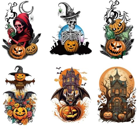 CARGEN Halloween Tatuaggi Temporanei Maniche - 6 Fogli Halloween Mezza Manica Lunga Teschio Zucca Tatuaggio Temporaneo Maniche per Adulti Donne Uomini Bambini Adolescenti