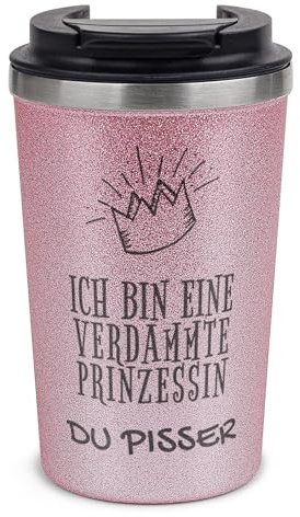 Tassendruck Nachhaltiger Glitzer To-Go Thermobecher mit Deckel und Spruch Verdammte Prinzessin Geschenk für Freundin, Frau oder Tochter | Edelstahl doppelwandig, Rosa, 350 ml