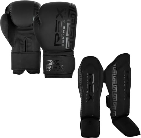 Rex Sports Boxing gloves with Shin Instep for Kickboxing Heavy duty punching gloves MMA fighting pads, Muay Endurance shinpads Sparring gloves MMA (Gloves 10oz, Shin Size Small)