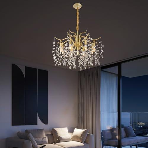 Mermajestic Gold Kristall Kronleuchter, Pendelleuchte Esstisch Modern Deckenleuchte, Kristallleuchter Zweig Hängeleuchte Deckenlampe Beleuchtung Wohnzimmer Treppenhaus, 95-265V Breite Spannung