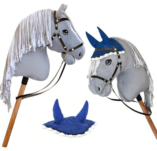Hobby Horse grau A3, Pferd, komplett mit Netz, Gebiss, Zügel und blauer Insektenmütze, Pferdekopf für Hobby Horsing Kinder und Jugendliche