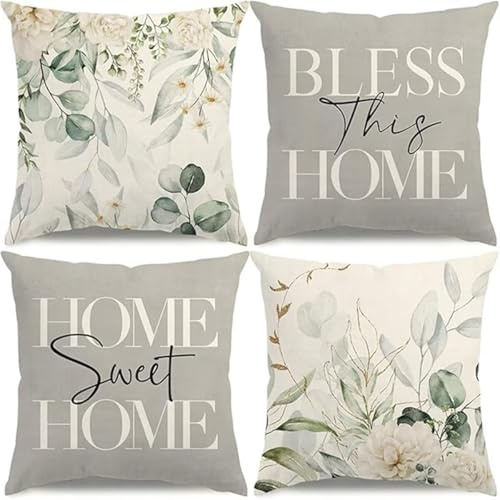 Kissenbezüge 4er Set 55x55cm Dekorative Kissenhülle, Leinen Zierkissenbezüge mit unsichtbarem Reißverschluss, Weich Kissen Bezug Zierkissen für Sofa Wohnzimmer Zuhause Dekor, Graue Pflanzen SD3897