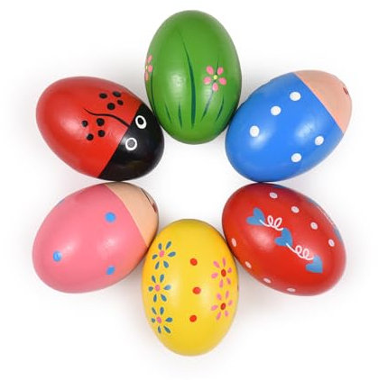 6 Pack Wooden Shaker Eggs - Easter Egg Percussion Instrument, Musical Party Gift, Basket Fillers, & Safe Rhythm Toy for All Ages