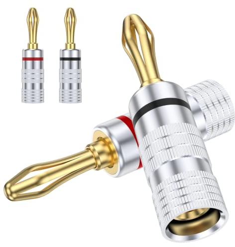 MOSWAG Bananenstecker 24K vergoldet 4 Stück Lautsprecherkabel Stecker | 2 Paar vergoldete Stecker für AV-Receiver,Heimkino und Verstärker-stabiles Signal,korrosionsbeständig