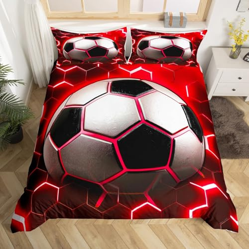 Homewish Football Boys Single Duvet Cover Set Soccer Teenage Boy Bedding - Modern Neon Honeycomb Quilt Cover with 1 Pillowcase - Red Geometric Sports Game Bed Set for Grandsons - Black Reversible