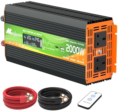 2000W Pure Sine Wave Inverter 12v To 240v Car Inverter 4000W Peak With 2 Uk Sockets, 30W USB-C, 5V 3.1A USB, LCD Display And Remote Controller For Motorhomes,Camping, Household Use And Vans