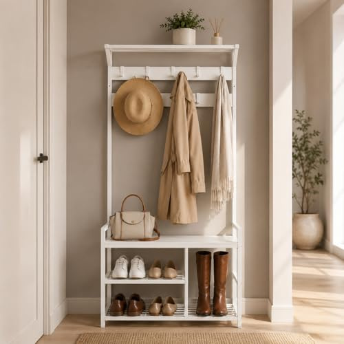 EGGREE Schmaler Garderobenständer mit Schuhablage, stabiler Kleiderständer aus Metall mit vielen Haken, platzsparende Flurgarderobe für schmale Flure, weiß, 84 x 30,5 x 181,6 cm