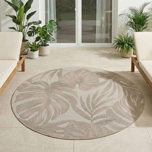 Carpetsale24 Outdoor Teppich Rund 80 cm Beige, Wetterfest UV-beständig, Balkon Teppich Küche Flur Indoor Outdoor, Palmblätter Design Pflegeleicht