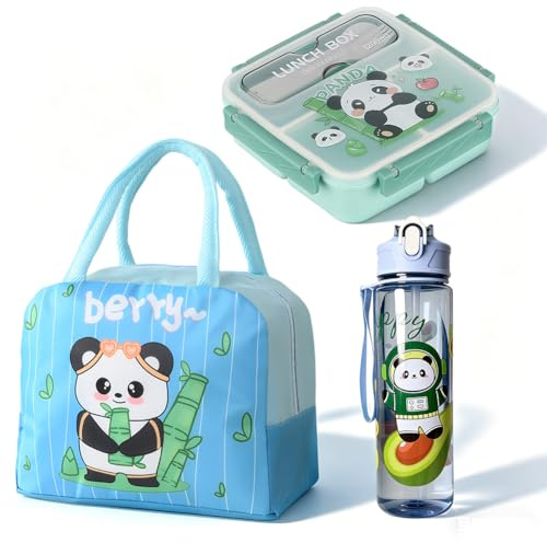KDFSSIPE Panda Lunch Box,borraccia da 750 ml con a Panda Borsa Termica，Bento Box con 2 Scomparti,Facile da Trasportare per la Scuola o in Viaggio (blu)