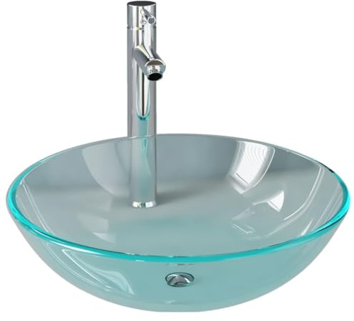 mtlskopl Lavabo à poser en verre rond de 42 cm avec robinet et bonde pop-up, ensemble élégant lavabo en verre pour salle de bain et WC d'invités