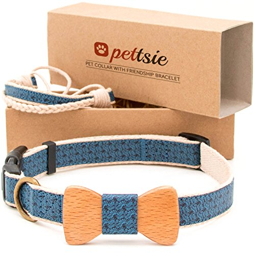 Pettsie Hundehalsband mit Fliege und Freundschaftsarmband, einstellbare Größen XS, S und M, Komfortables Designer Hanf, stark und langlebig, tolles Geschenk für Hundeliebhaber, M, Blau