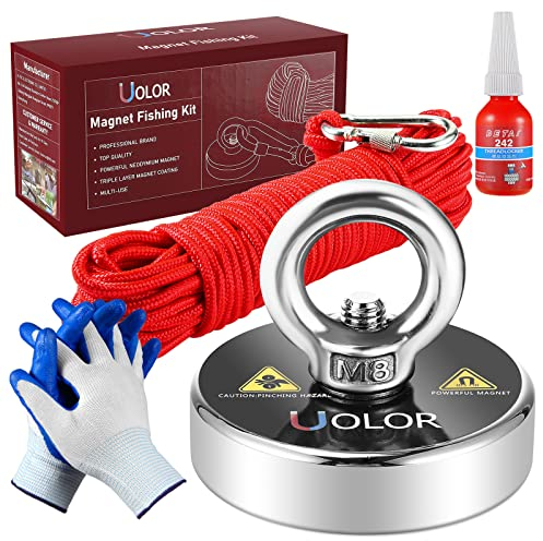 Uolor 160KG Haftkraft Neodym Ösenmagnet Magnete mit Seil (20M/66ft), N35 Super Stark Magnet Perfekt zum Magnetfischen Magnet Angel - Ø 60mm mit Öse Neodymium Topfmagnet