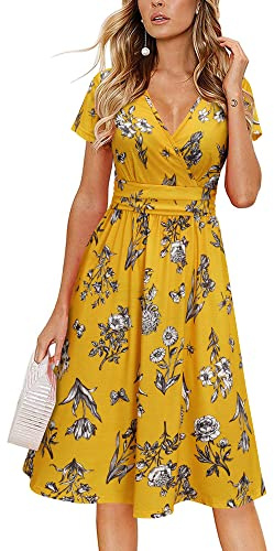 Newshows Summer Dresses for Women UK Short Sleeve V-Neck Faux Wrap Casual Hawaiian Midi Sundress with Pockets(Floral 15,L)