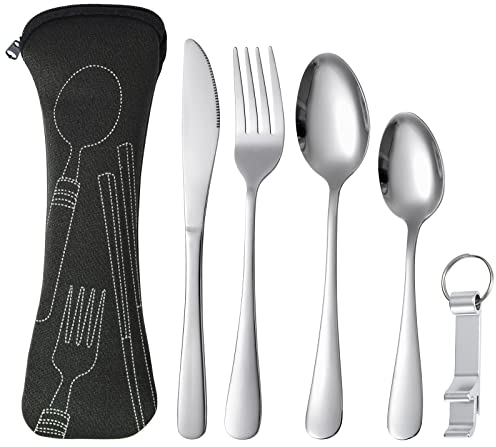 Set di Utensili Portatili, Set di Posate da Campeggio Viaggio in Acciaio Inox Riutilizzabili con Custodia, 5 Pezzi Argenteria Set Coltello, Forchette, Cucchiaio, Apribottiglie (Nero)