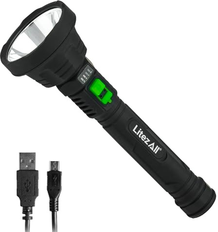LitezAll Ultac Ultra Lite Rechargeable Flashlight – 1100 Lumens Hybrid Beam, Soft Touch Grip, Weather Resistant with Battery Indicator
