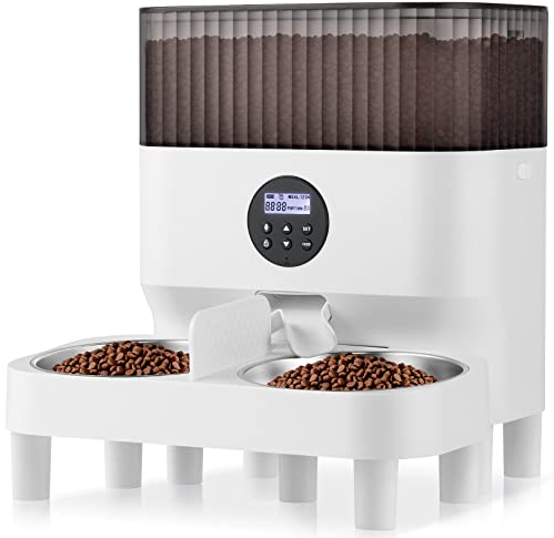 Sailnovo Futterautomat Katze 2 Näpfe Automatischer, Katzenfutter Automat,Futterspender für Hunde mit Edelstahlschüssel,1-4 Mahlzeiten pro Tag,10s Voice Recorder für kleine/mittlere Haustiere,Weiß, 5L