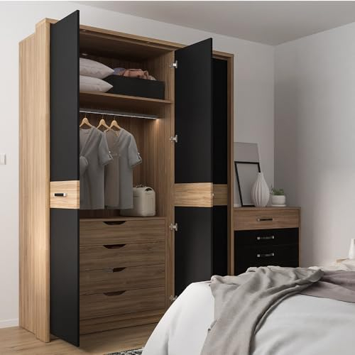 Lomadox Schlafzimmer Schrank Set 3-teilig in Eiche mit schwarz matt