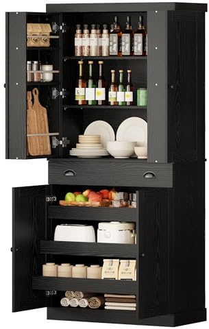 IRONCK Kitchen Pantry Cabinet 72 Height, Freestanding Cupboard with Drawer, Sliding Storage Rack, and 6 Hanging Shelves for Dining Room, Laundry, Living Room, Black