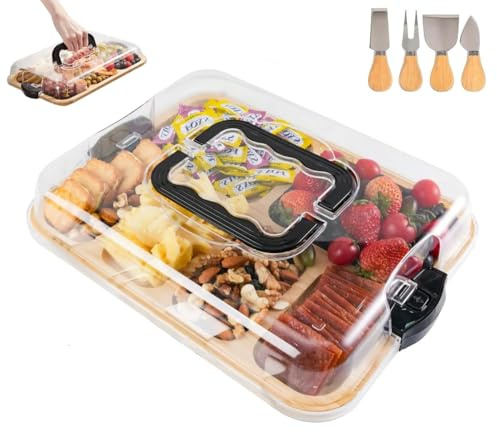 ERNAN Käsebrett mit Deckel für Partys Reisen, Servierplatte mit Fächern Griff für Snacks Fleisch Dessert, Käsebrett aus mit Messer Set, Charcuterie Board Platte Käseplatte (6 Grid)