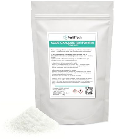 FertilTech Oxalsyra 1,5 kg – Ultrarrent syrsalt ≥ 99,6 % | Kraftfullt rengöringsmedel för grått trä, marmor, aluminium, metaller, golv | Hemanvändning, gör-det-själv, renovering, verkstad