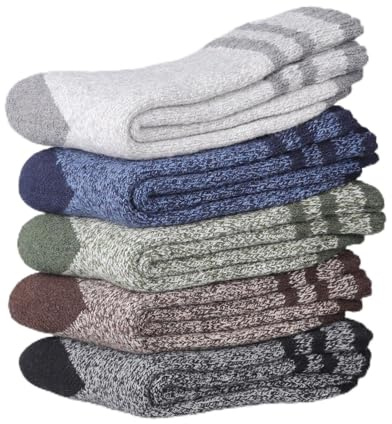 Annsuki Lot de 5 paires de chaussettes thermiques pour homme - Chaussettes d'hiver épaisses et chaudes - En laine mérinos - Respirantes et chaudes - Pour l'extérieur - Pour la randonnée et le ski