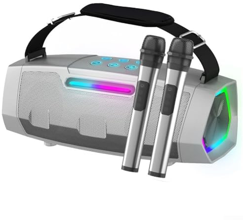 Macchina per karaoke con altoparlante da 40 W, luci RGB e due microfoni wireless per esibizioni di gruppo (argento)