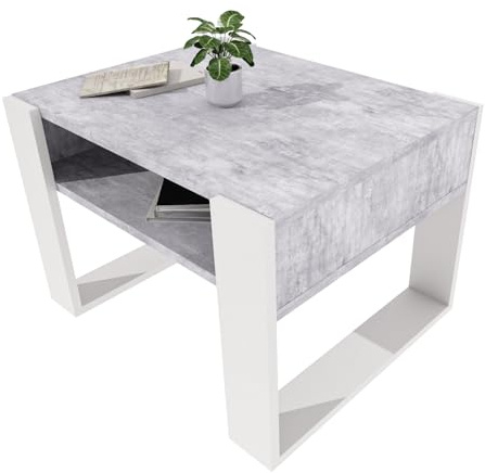 möbelkap Couchtisch 65×53.6 cm – Wohnzimmertisch aus Holzwerkstoff, Stabiler & moderner Kaffeetisch mit zusätzlicher Ablagefläche – Beistelltisch, Beton Optik/Weiß, rechteckig