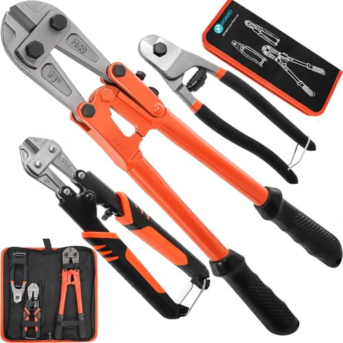3Pcs Bolt Cutter Set with 14 Heavy Duty Bolt Cutter,8 Mini Bolt Cutter,8 Wire Rope Cutter & Storage Bag for Cutting Locks,Padlocks,Chains,Steel Cable,Barbed Wire,Iron Rod,Metal,Fence