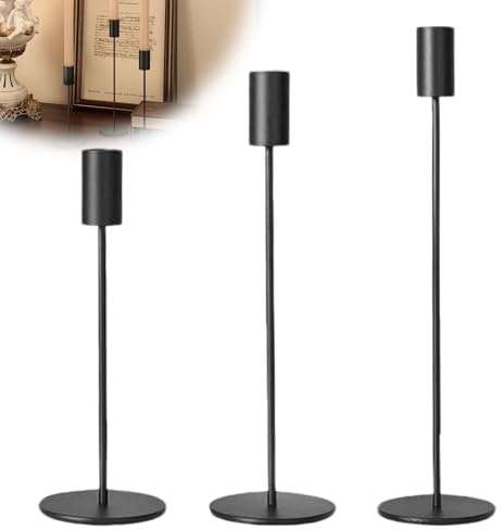 FENGCHUANG 3 Piezas Candelabro Negro candelabros de Metal 32/27/22cm Portavelas Alto para Velas Cónicas para decoración del Hogar Bodas Cenas Fiestas (Negro)