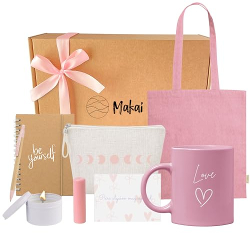 Makai - Pack Regalo Mujer, Taza Desayuno, Velas Aromáticas, Tote Bag, Neceser, Libreta Pequeña, Bolígrafo, Rosa Pastel, Listo para Regalar, Regalo Cumpleaños Mujer