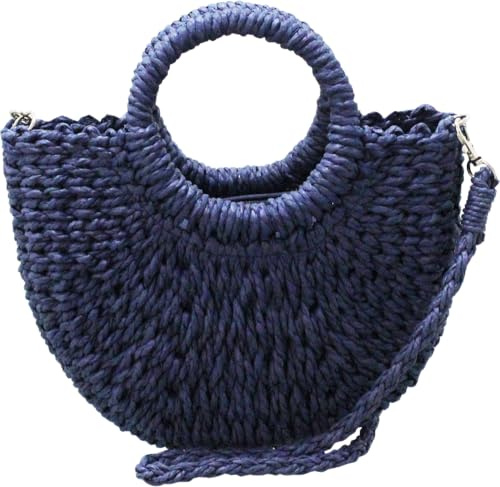 Bolso cruzado tejido estilo paja para mujer, bolso redondo de verano con correa desmontable, bolsa ligera para vacaciones y playa, Navy, Small