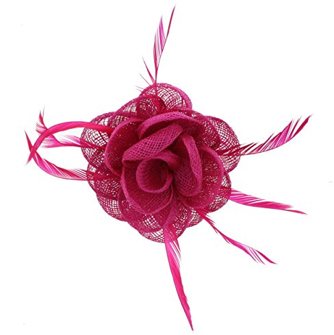 Fuchsia Pink Rose Net Fascinator with Feathers on Clip & Brooch Pin